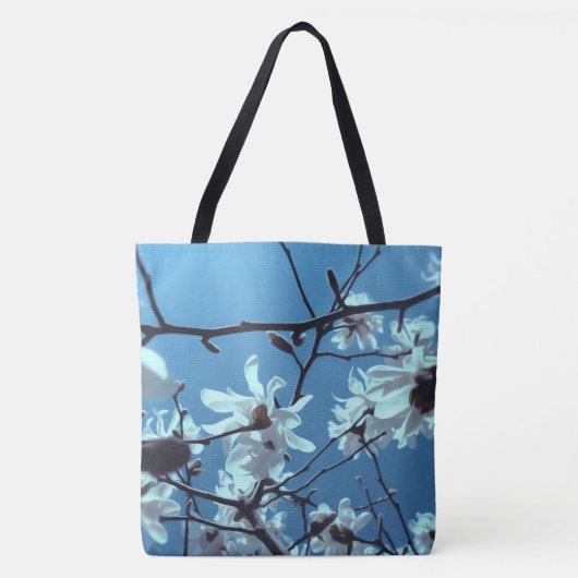 White Magnolia Bloom Blue Sky Tote Bag (Voorkant)