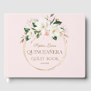 White Magnolia Blush Floral Gold Quinceañera Gastenboek