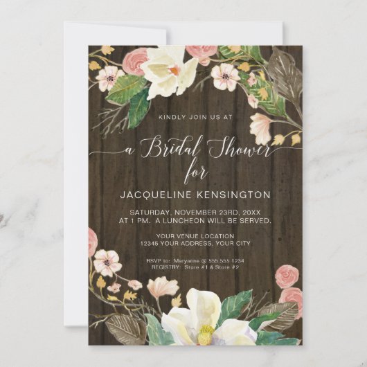 White Magnolia Blush Floral Rustic Barn Wood Kaart (Voorkant)