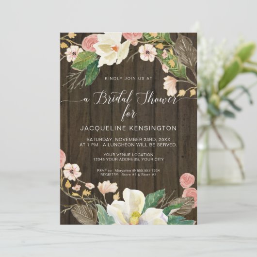 White Magnolia Blush Floral Rustic Barn Wood Kaart (Staand voorkant)