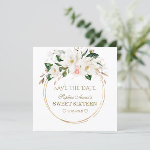 White Magnolia Blush Flowers Gold Sweet Sixteen Save The Date