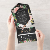 White Magnolia Blush Pink Floral Black Wedding All In One Uitnodiging (Afscheurbaar)