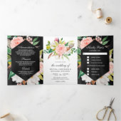 White Magnolia Blush Pink Floral Black Wedding Drieluik Uitnodiging (Binnen)