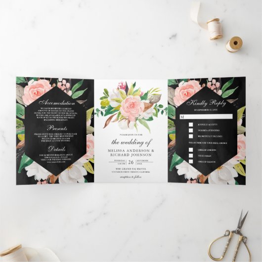 White Magnolia Blush Pink Floral Black Wedding Drieluik Uitnodiging (Binnen)