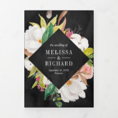 White Magnolia Blush Pink Floral Black Wedding Drieluik Uitnodiging (Cover)