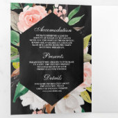 White Magnolia Blush Pink Floral Black Wedding Drieluik Uitnodiging (Binnenzijde eerst)