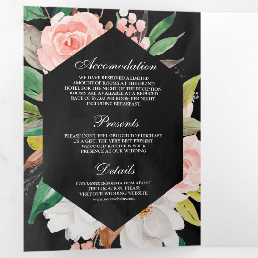 White Magnolia Blush Pink Floral Black Wedding Drieluik Uitnodiging (Binnenzijde eerst)