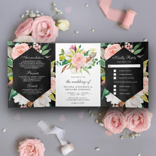 White Magnolia Blush Pink Floral Black Wedding Drieluik Uitnodiging
