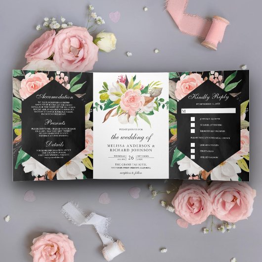 White Magnolia Blush Pink Floral Black Wedding Drieluik Uitnodiging