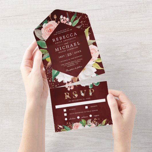 White Magnolia Blush Pink Floral Burgundy Wedding All In One Uitnodiging (Afscheurbaar)