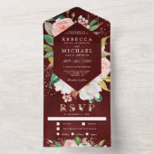 White Magnolia Blush Pink Floral Burgundy Wedding All In One Uitnodiging (Binnen)