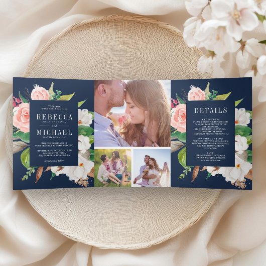 White Magnolia Blush Pink Floral Navy Blue Wedding Drieluik Uitnodiging