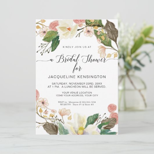 White Magnolia Blush Pink Floral Twig n Foliage Kaart (Staand voorkant)