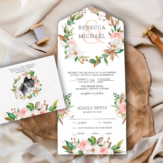 White Magnolia Blush Pink Floral Wreath Wedding All In One Uitnodiging
