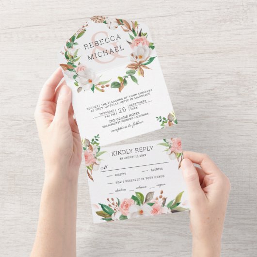 White Magnolia Blush Pink Floral Wreath Wedding All In One Uitnodiging (Afscheurbaar)