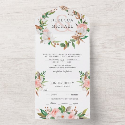 White Magnolia Blush Pink Floral Wreath Wedding All In One Uitnodiging (Binnen)