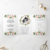 White Magnolia Blush Pink Floral Wreath Wedding Drieluik Uitnodiging (Binnen)