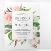 White Magnolia Cotton Blush Pink Floral Wedding Drieluik Uitnodiging (Binnenzijde eerst)