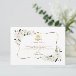 White Magnolia Floral First Heilige Communie Bedankkaart