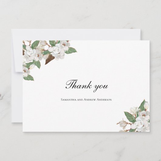 White Magnolia Floral Flowers Greenery Wedding Bedankkaart (Voorkant)
