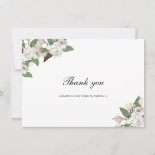 White Magnolia Floral Flowers Greenery Wedding Bedankkaart
