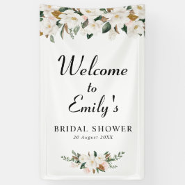 white magnolia floral vrijgezellenfeest welkomstte spandoek