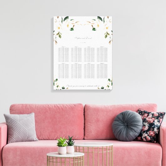 White Magnolia Floral Wedding Seating Chart Canvas Afdruk (Insitu (Woonkamer))