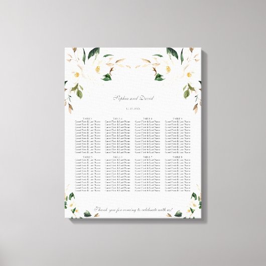White Magnolia Floral Wedding Seating Chart Canvas Afdruk (Voorkant)