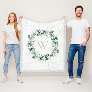  White Magnolia Floral Wreatmonogram Fleece Deken
