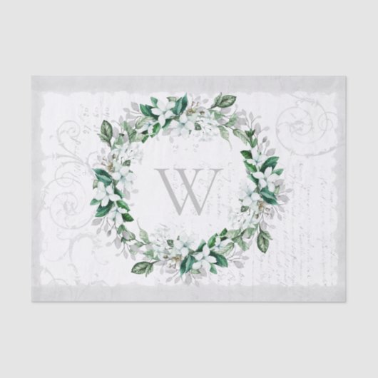 White Magnolia Floral Wreatmonogram Tissuepapier (Voorkant)