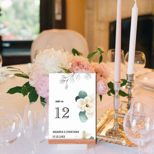 White Magnolia Flower Wedding Table Number Kaart