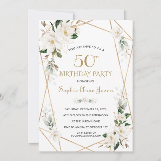 White Magnolia Flowers Gold 50th Birthday Kaart (Voorkant)