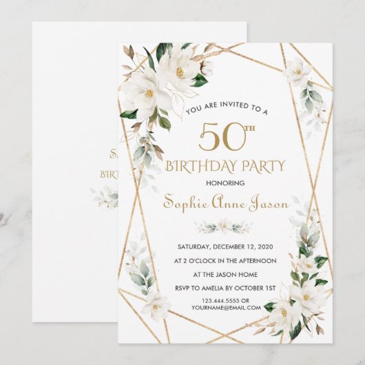 White Magnolia Flowers Gold 50th Birthday Kaart (Voorkant / Achterkant)
