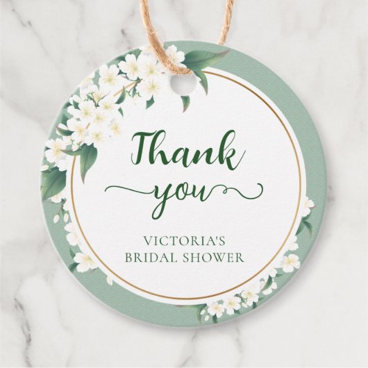 White Magnolia Flowers Sage Green Cloud Background Bedankjes Labels (Voorkant)