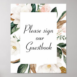 white magnolia flpwers bruiloft guestbook poster