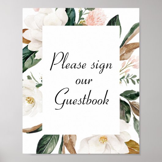 white magnolia flpwers bruiloft guestbook poster (Voorkant)