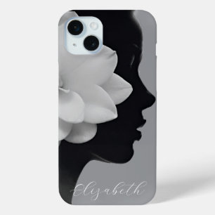 White Magnolia Girl Silhouette Monochromatic iPhone 15 Mini Hoesje