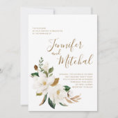 White Magnolia & Gold Floral Minimal Wedding Kaart (Voorkant)