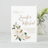 White Magnolia & Gold Floral Minimal Wedding Kaart (Staand voorkant)