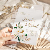 White Magnolia & Gold Floral Minimal Wedding Kaart