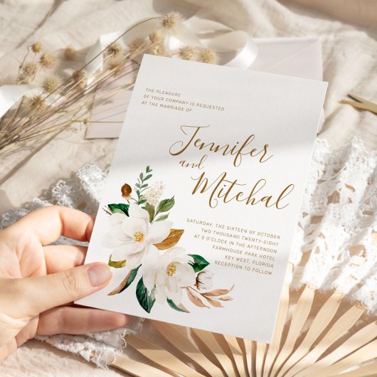 White Magnolia & Gold Floral Minimal Wedding Kaart