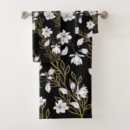 White Magnolia Gold Vines Black Bad Handdoek