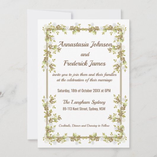 White Magnolia Golden leaves Wedding Invitation Kaart (Voorkant)