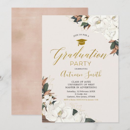 White Magnolia Graduation Party Invitation Kaart (Voorkant / Achterkant)