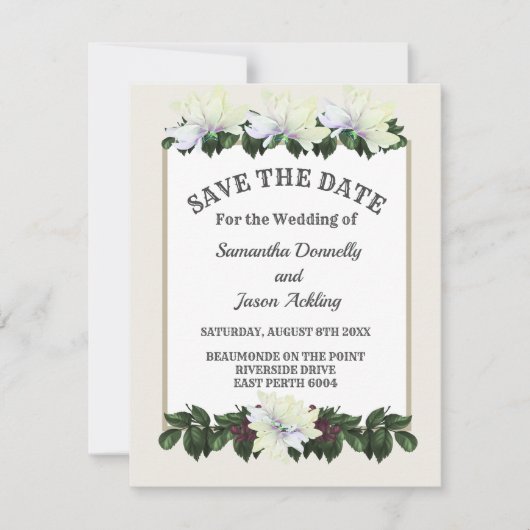 White Magnolia Greenery Floral Save the Date Kaart (Voorkant)