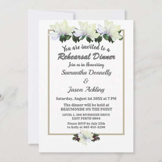 White Magnolia Greenery Wedding Rehearsal Dinner Kaart (Voorkant)