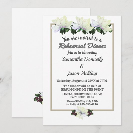 White Magnolia Greenery Wedding Rehearsal Dinner Kaart (Voorkant / Achterkant)