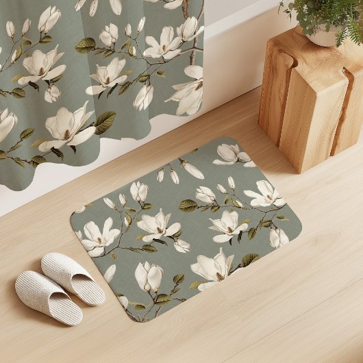 White Magnolia Grove Laurel Green Elegant Floral Badmat