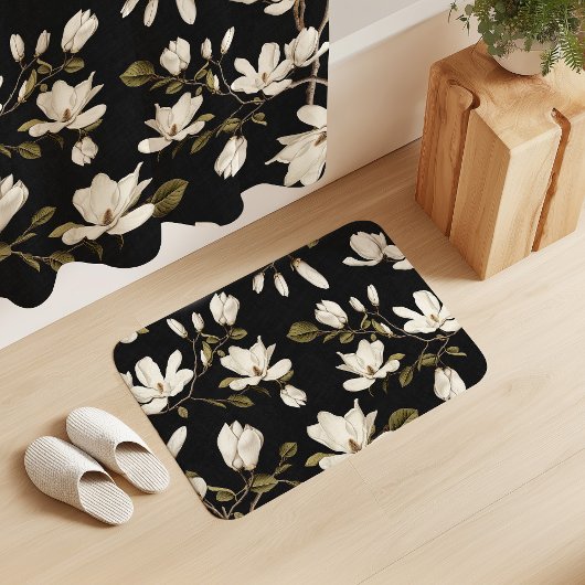 White Magnolia Grove on Black Elegant Floral  Badmat