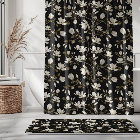 White Magnolia Grove on Black Elegant Floral  Douchegordijn